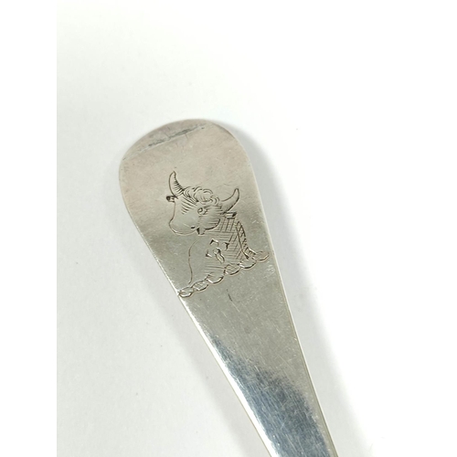 34 - Good set of six silver dessert spoons, clearly marked, with double heels, bovine head crest, by Tho.... 