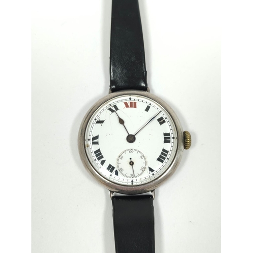 44 - Swiss silver trench style watch, 'red twelve', on strap, 34mm.