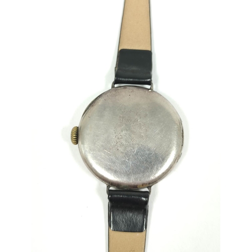 44 - Swiss silver trench style watch, 'red twelve', on strap, 34mm.