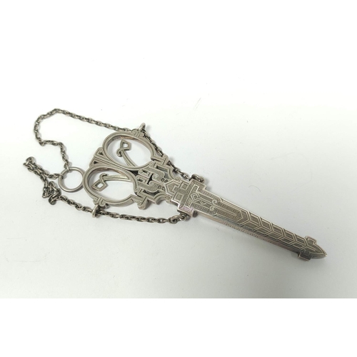 50 - H. W. Dee, silver engraved embroidery scissors with suspension chains, for Thornhill, Bond Street, 1... 