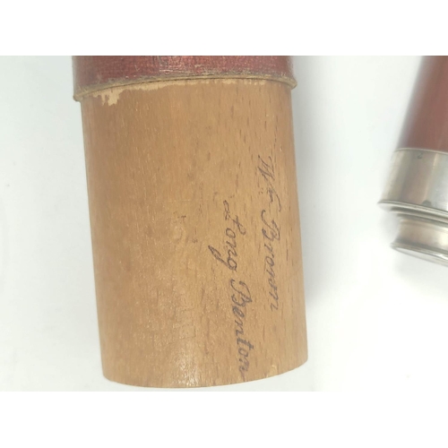 192 - Unusual old Sheffield plated three-draw telescope by Ramsden, London, in mahogany, 24.5cm, with orig... 