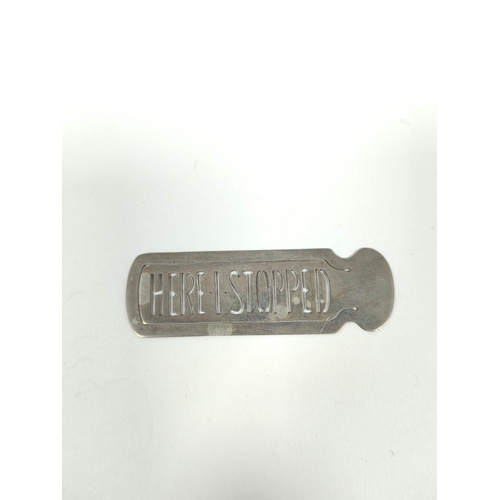 53 - Silver page marker, pierced 'Here I stopped', by Fredrick Weave, 1899, 7cm.