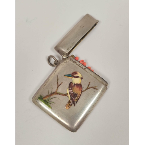 54 - Silver vesta case of curved section with enamelled Kingfisher inscribed 'A souvenir from Lewisham Ho... 