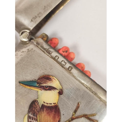 54 - Silver vesta case of curved section with enamelled Kingfisher inscribed 'A souvenir from Lewisham Ho... 