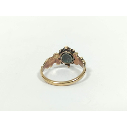 79 - Georgian gold ring with brilliant and rose diamonds and four emeralds with tiny locket on scrolls, 1... 