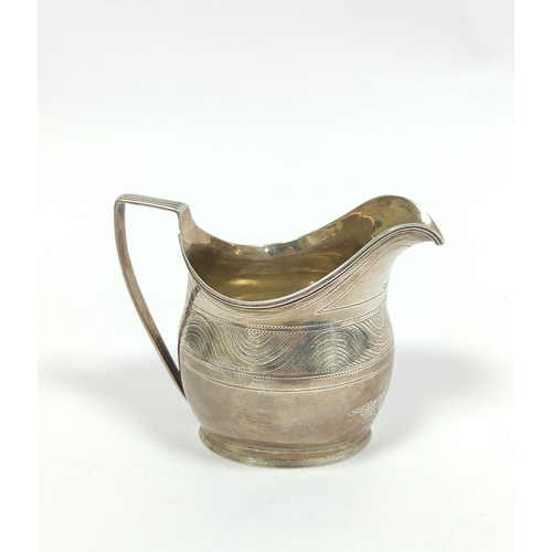 8 - Silver cream jug, oval with pin struck cartouches and wavy bands, reeded handle, makers mark rubbed,... 