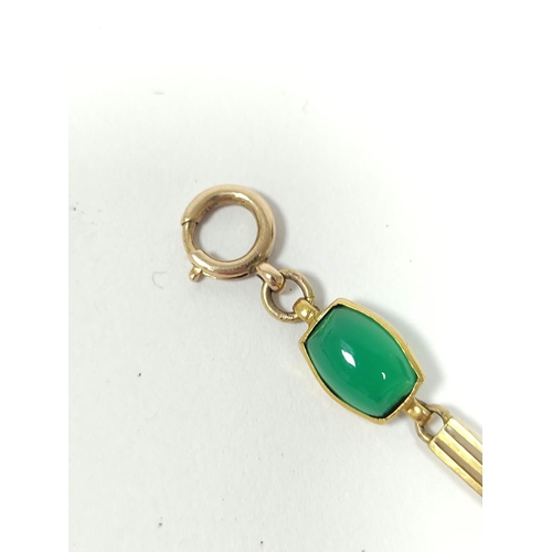 85 - Edwardian gold bracelet with five chrysoprase cabochons, '9c', 8g gross.