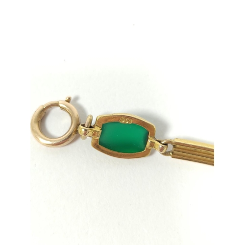 85 - Edwardian gold bracelet with five chrysoprase cabochons, '9c', 8g gross.