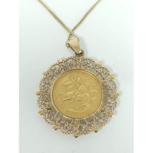 122 - Half sovereign Isle Of Man 9ct gold pendant mount, metal necklet, 7.4g nett.