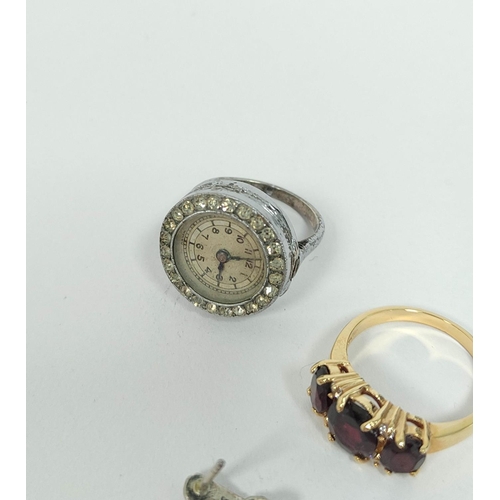 123 - Silver and paste ring watch 1937, a metal locket, various gold and other ear studs and other items.&... 