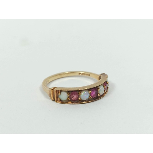 141 - Half eternity style ring with opals and rubies, 9ct gold, 2g, size 'N'.