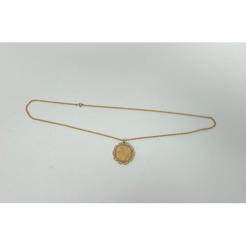 143 - Sovereign, 1902, in 9ct gold pendant mount, with necklet, 14g.