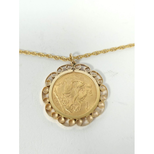 143 - Sovereign, 1902, in 9ct gold pendant mount, with necklet, 14g.