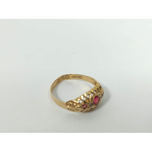 146 - Diamond and ruby ring in 18ct gold, 1914 (1.8g), size 'Q' and three brooches (5g). 