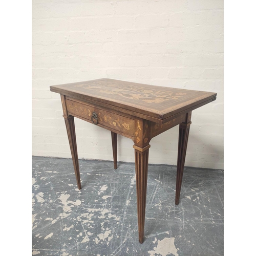 397 - 19th century Dutch marquetry inlaid card table, the swivel top inlaid with central urn, with foliage... 