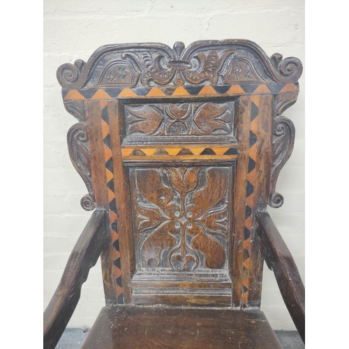 398 - Near pair 17th century oak panel back armchairs, West Yorkshire, the shaped top rails with carved an... 