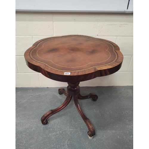 412 - Antique and later mahogany occasional table, the shaped top with tooled inset, on turned column and ... 