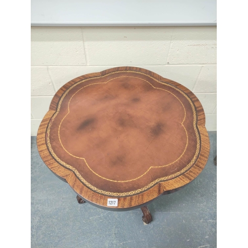 412 - Antique and later mahogany occasional table, the shaped top with tooled inset, on turned column and ... 