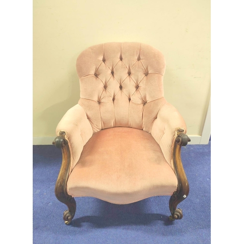 415 - Victorian Chesterfield style armchair, upholstered in later pink button back velour, on scroll frame... 