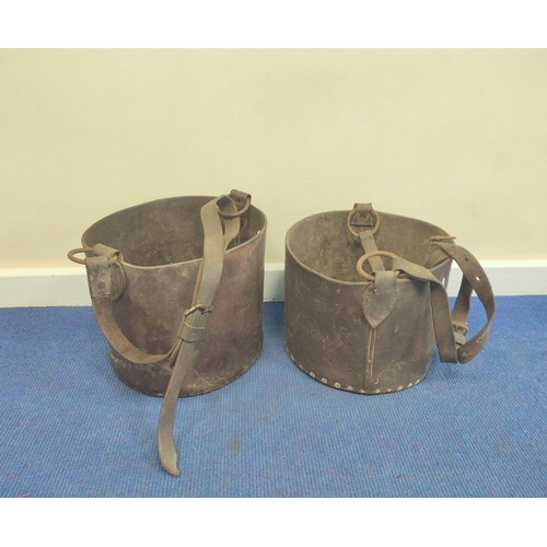 194 - Two antique leather coal buckets or panniers, possibly for a pit pony, each stamped 'Coal', with att... 