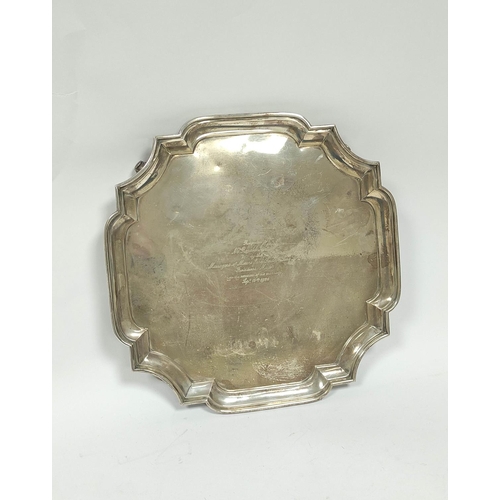 157 - Silver square tray with shaped corners, 1292g / 41oz.