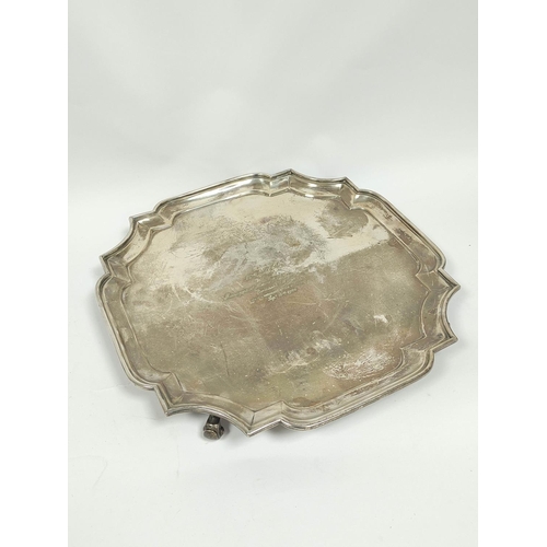 157 - Silver square tray with shaped corners, 1292g / 41oz.