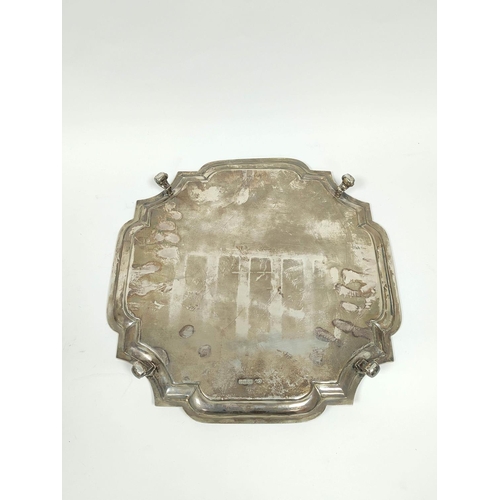 157 - Silver square tray with shaped corners, 1292g / 41oz.