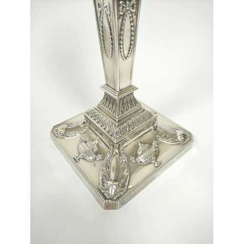 159 - Pair of silver table candlesticks of Neo Classical Adams style, with square inverted tapering stems ... 