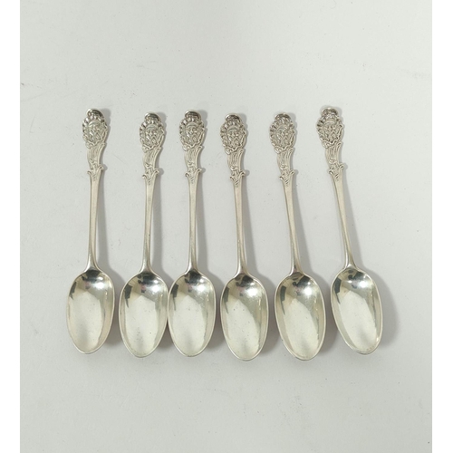 164 - Unusual set of six silver tea spoons, of good gauge, with scroll heels and scroll and grotesque mask... 