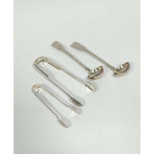 165 - Pair of ladles of Scottish style, 1814, a sugar tongs, Glasgow 1853 and an Irish sugar tongs with Br... 