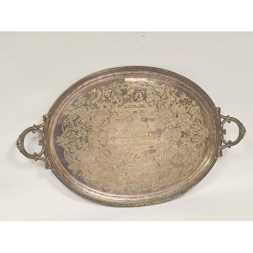 170 - E.p oval tea tray, engraved with scrolls and testimonial 1866, 72cm, over handles. 