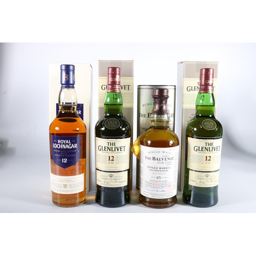 107 - Four bottles of single malt Scotch whisky to include ROYAL LOCHNAGAR 12 year old 70cl 40% abv, two b... 