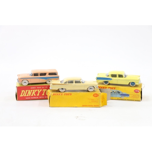 14 - Dinky Toys diecast model cars including 173 Nash Rambler, 179 Studebaker President Sedan and 191 Dod... 