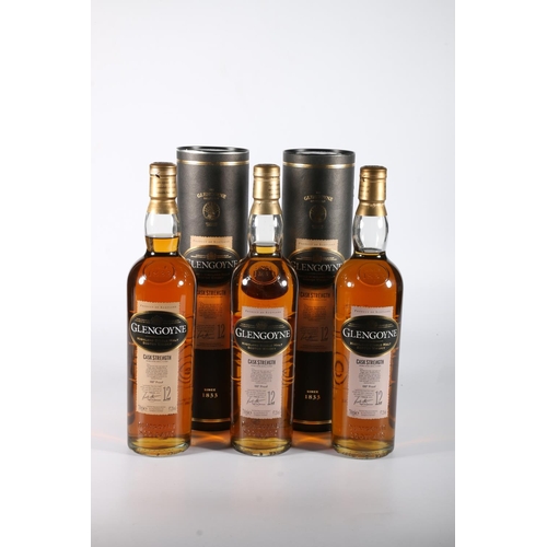 166 - Three bottles of GLENGOYNE 12 year old Cask Strength single Highland malt Scotch whisky, 57.2% abv. ... 