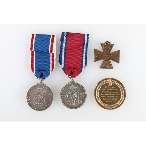 413 - George V silver jubilee medal 1935, a George VI coronation medal 1937, a modern Churchill Boer war c... 