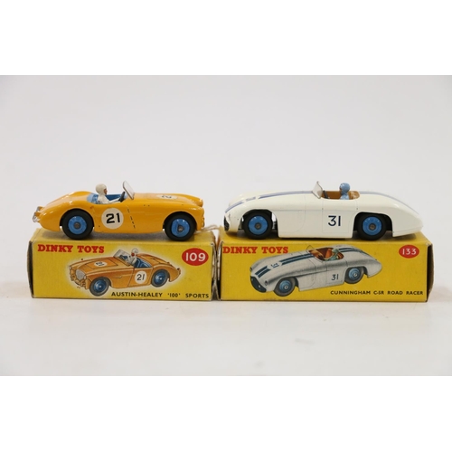 49 - Dinky Toys diecast vehicles 109 Austin Healey '100' Sports car with yellow body, blue interior and h... 