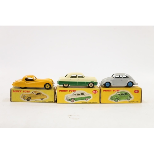 50 - Three Dinky Toys diecast vehicles 157 Jaguar XK120 Coupe in yellow, 162 Ford Zephyr Saloon with... 