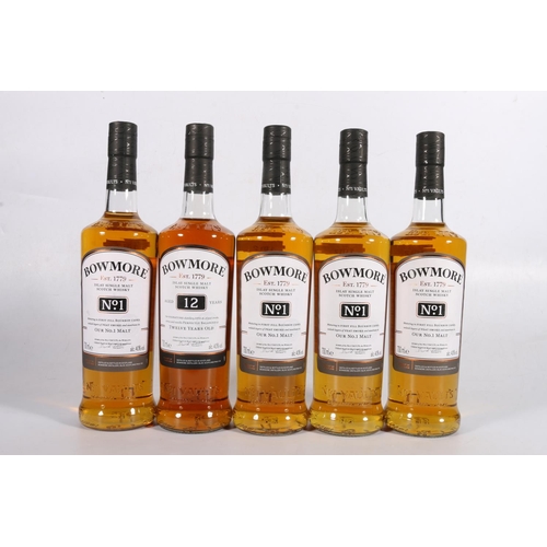 113 - BOWMORE 12 year old Islay single malt Scotch whisky 70cl 40% abv. and four bottles of BOWMORE N... 