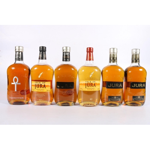130 - Six bottles of JURA single malt Scotch whisky to include two old style 10 year olds 40% abv., S... 