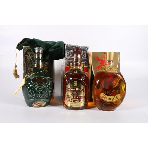 142 - Three bottles of blended Scotch whisky to include HAIG'S DIMPLE 26 2/3 Fl Ozs boxed, CHIVAS REGAL 12... 