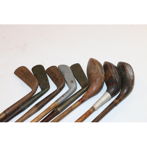 220 - Group of eight hickory shafted golf clubs to include Simpson of Edinburgh putter, R Forgan and Son o... 