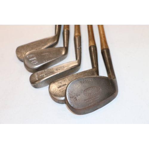 222 - Group of five hickory shafted golf clubs to include Whitty and Son of Liverpool special niblick, The... 