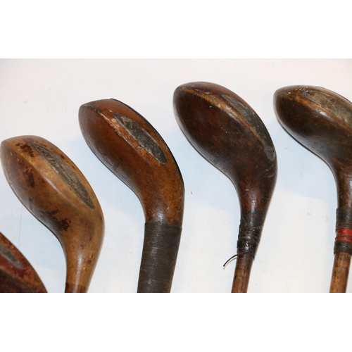 225 - Group of seven hickory shafted golf clubs to include R Forgan of St Andrews spoon type wood, etc. wi... 