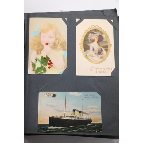 228 - Edwardian postcard album containing over 300 postcards including RMS Teutonic, Climbing A Nose, Eskd... 