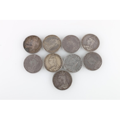 276 - Nine UNITED KINGDOM Queen Victoria (1837-1901) jubilee head silver crowns 1887 x3, 1891 x3 and 1892 ... 