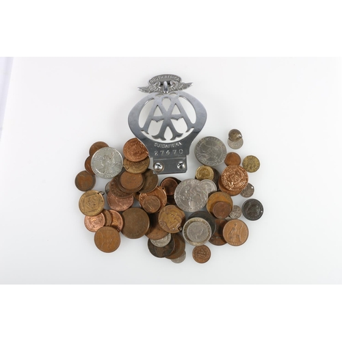 934 - South Africa Automobile Association car badge #27470 'Suid Afrika', 13.5cm tall and a group of coins... 