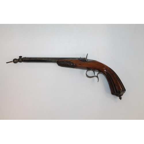 873 - 19th century French style percussion target pistol with 23cm long octagonal barrel, carved wood grip... 