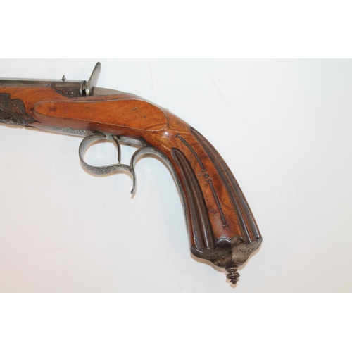 873 - 19th century French style percussion target pistol with 23cm long octagonal barrel, carved wood grip... 