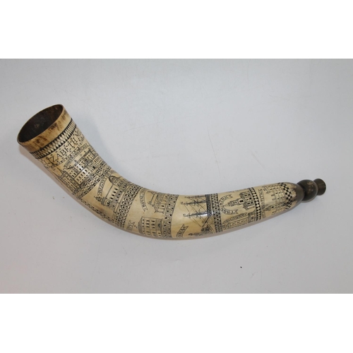 916 - A scrimshaw work power horn executed by Elizabeth Milligan of Dumfries in 1855, the body incised wit... 