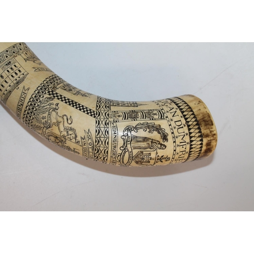 916 - A scrimshaw work power horn executed by Elizabeth Milligan of Dumfries in 1855, the body incised wit... 